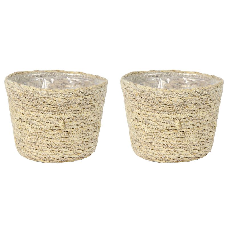 Foto van Set van 2x stuks plantenpot/bloempot van jute/zeegras diameter 13 cm en hoogte 10 cm creme beige - plantenpotten