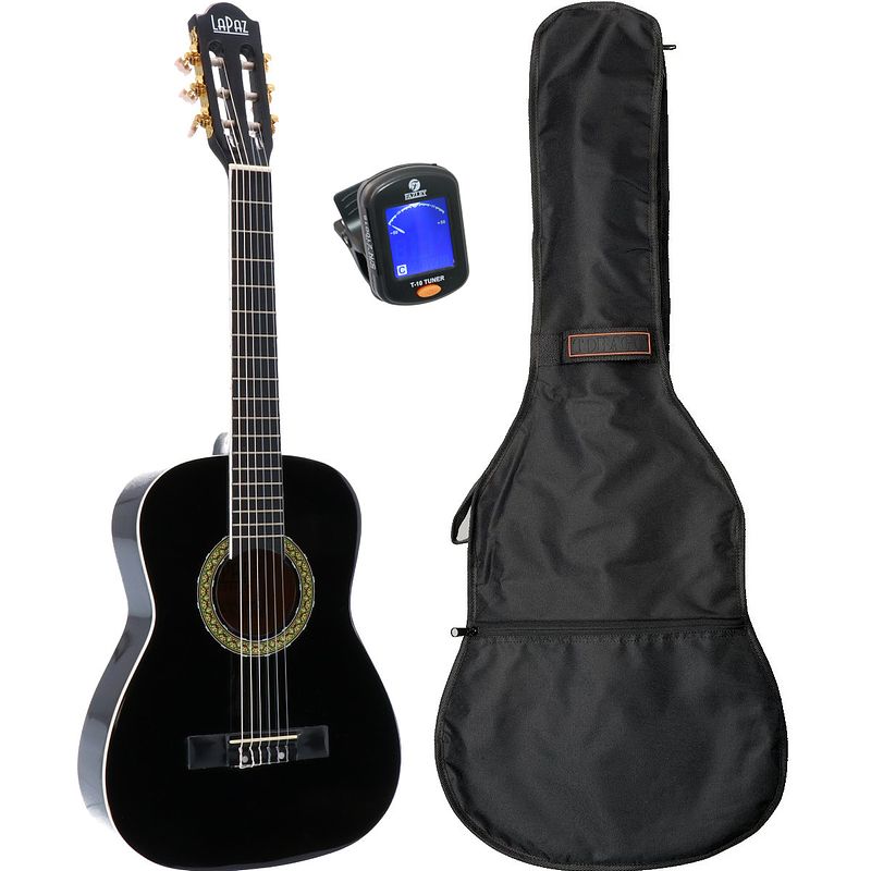 Foto van Lapaz 002 bk klassieke gitaar 1/2-formaat zwart + gigbag + stemapparaat