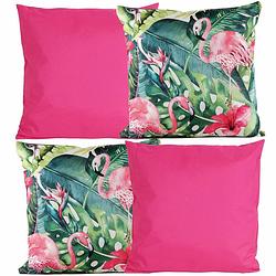 Foto van Bank/tuin kussens set - voor binnen/buiten - 4x stuks - roze/tropical print - 45 x 45 cm - sierkussens