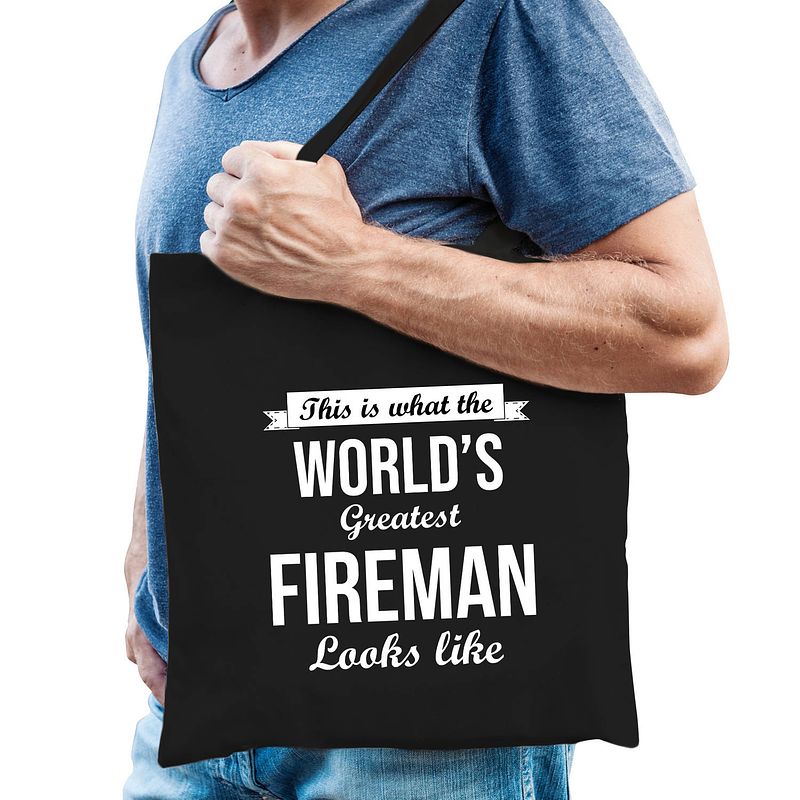 Foto van Worlds greatest fireman tas zwart volwassenen - werelds beste brandweerman cadeau tas - feest boodschappentassen