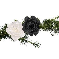 Foto van Cosy & trendy kerst bloemen op clip - 2x st - wit en zwart - 10 cm - kersthangers