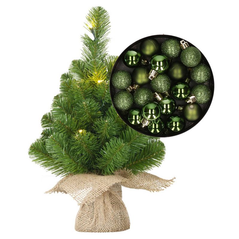 Foto van Mini kerstboom/kunstboom met verlichting 45 cm en inclusief kerstballen groen - kunstkerstboom