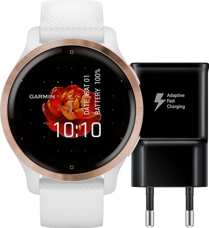 Foto van Garmin venu 2s roségoud/wit + samsung adaptive fast charging oplader met usb a poort 15w