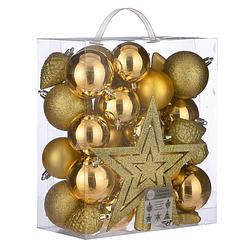 Foto van 39x stuks kunststof kerstballen en kerstornamenten met ster piek geel mix - kerstbal