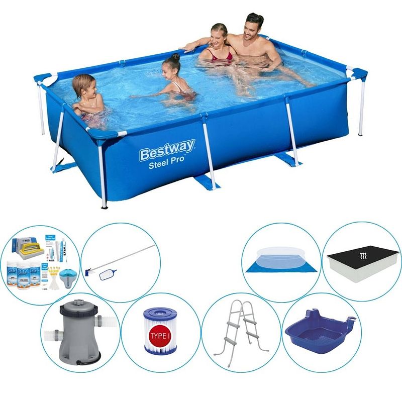 Foto van Bestway steel pro rechthoekig zwembad - 259 x 170 x 61 cm - blauw - inclusief pomp - voordeelpakket