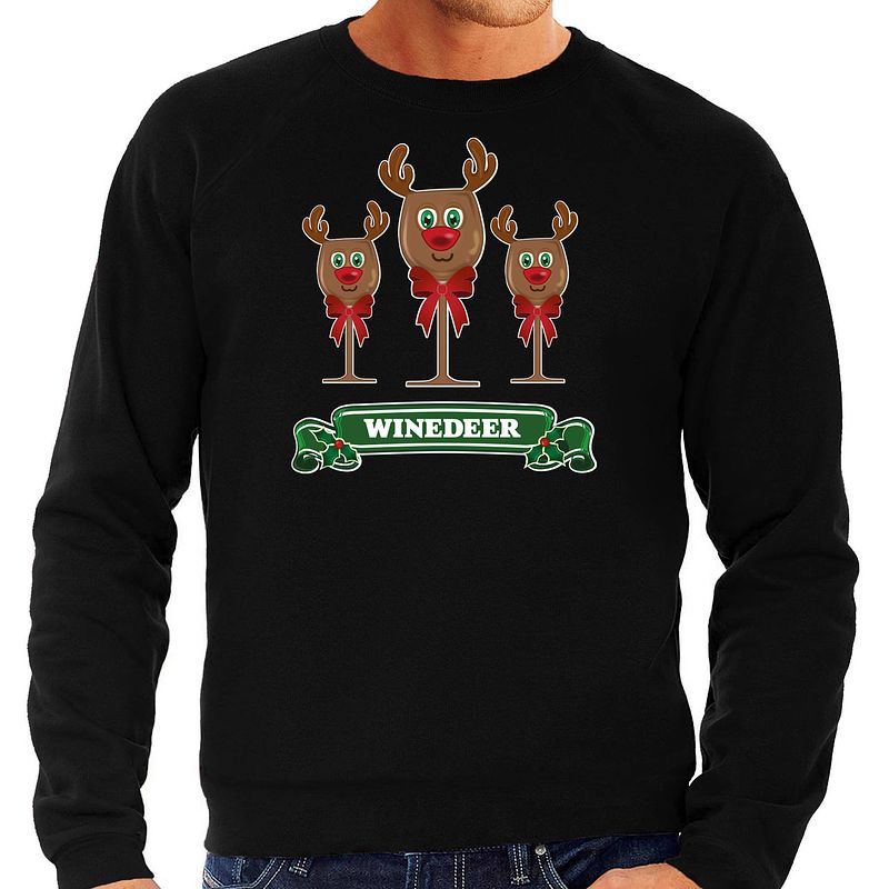 Foto van Bellatio decorations foute kersttrui/sweater heren - winedeer - zwart - wijn - rendier - rudolf m - kerst truien