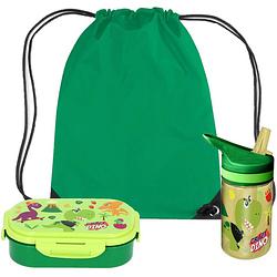 Foto van Crazy dino lunchbox set voor kinderen - 3-delig - groen - kunststof - incl. gymtas/schooltas - lunchboxen