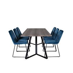 Foto van Marinagrbl eethoek eetkamertafel el hout decor grijs en 6 muce eetkamerstal velours blauw.