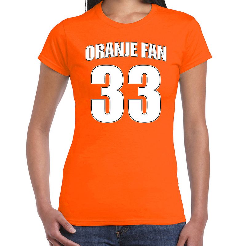 Foto van Oranje race shirt / kleding oranje fan nummer 33 voor dames xs - feestshirts