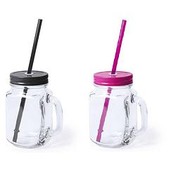 Foto van Set van 4x glazen drinkbekers dop/rietje 500 ml zwart/roze - drinkbekers