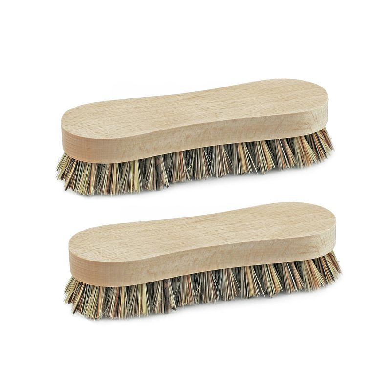 Foto van Set van 2 schrobborstels hout achtvormig - schoonmaakartikelen/schoonmaakborstels - 17 cm