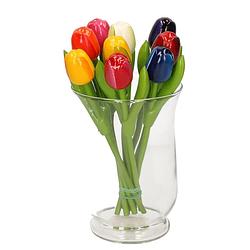 Foto van Set van houten tulpen boeket 20 cm met vaas 15 cm - kunstbloemen