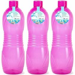 Foto van Plasticforte drinkfles/waterfles/bidon - 3x - 1500 ml - transparant/roze - kunststof - drinkflessen