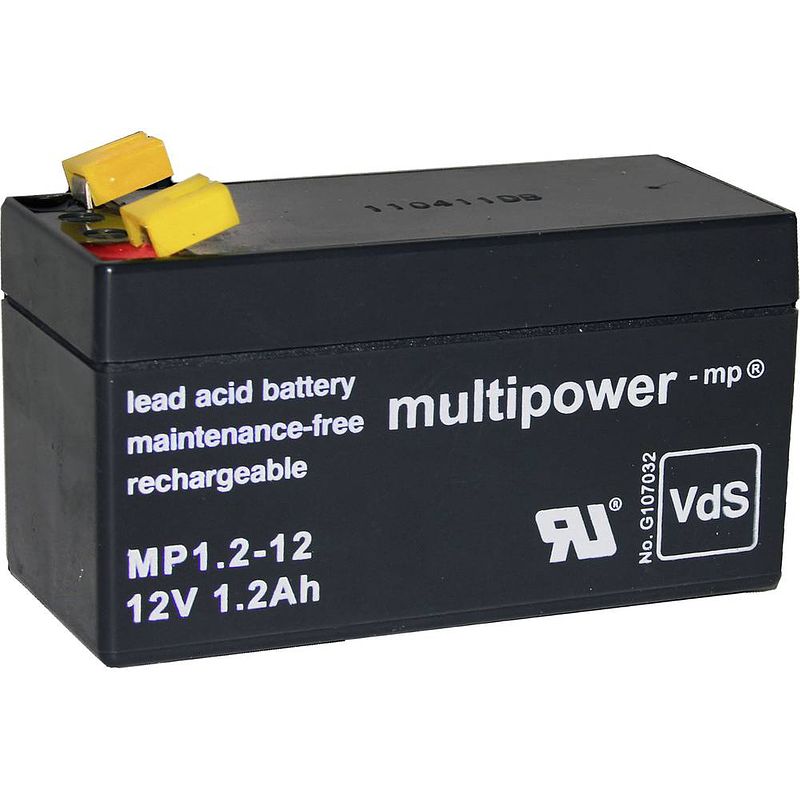 Foto van Multipower pb-12-1,2-4,8 loodaccu 12 v 1.2 ah loodvlies (agm) (b x h x d) 97 x 59 x 43 mm kabelschoen 4.8 mm onderhoudsvrij, geringe zelfontlading,