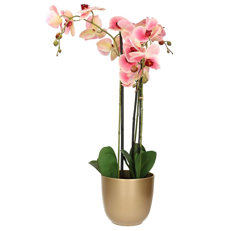 Foto van Orchidee kunstplant roze - 75 cm - inclusief bloempot goud glans - kunstplanten