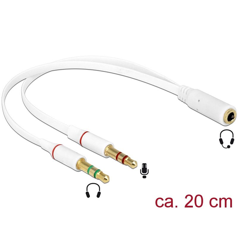 Foto van Delock headset adapter 1 x 3.5 mm 4 pin stereo jack female 2 x 3.5 mm 3 pin stereo jack male wit