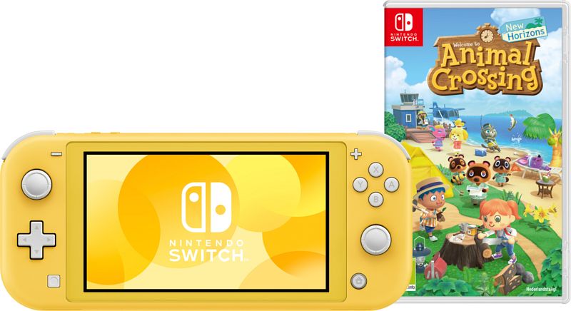 Foto van Nintendo switch lite geel + animal crossing new horizons