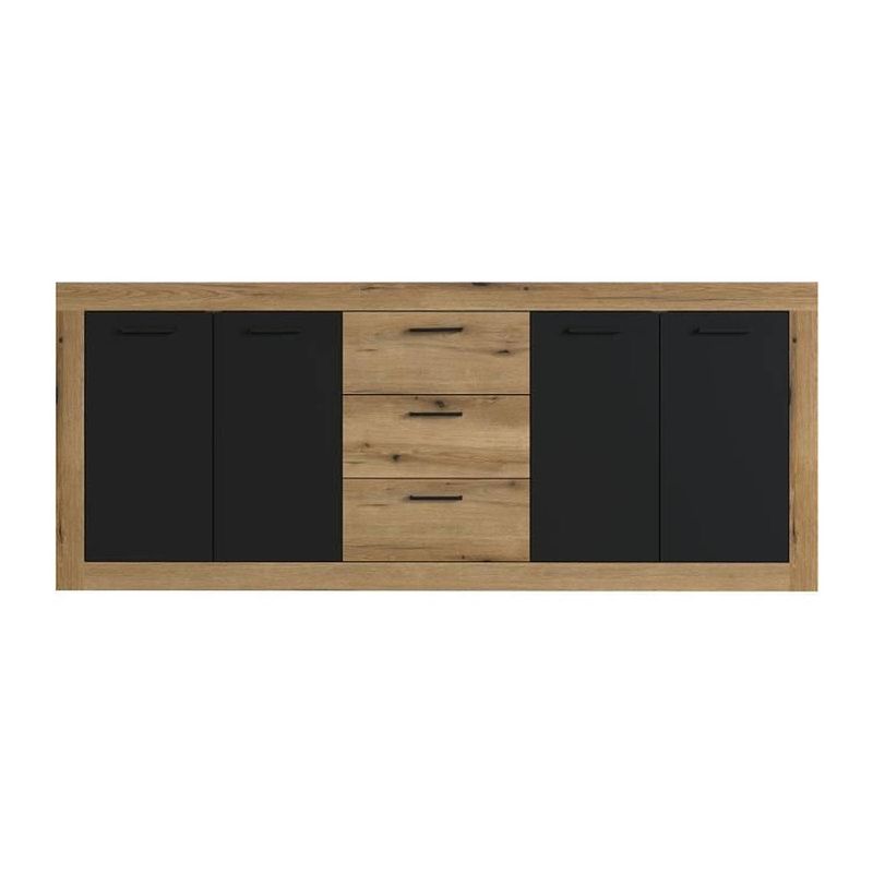 Foto van Industrieel buffet melamine chene en zwart - 4 deuren + 3 laden - industriële stijl - l 206 x d 45 x h 83,5 cm steen