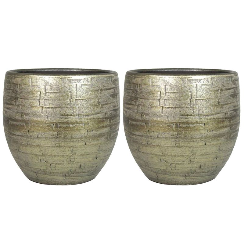 Foto van Set van 2x plantenpot/bloempot keramiek glans goud stones patroon - d18/h16 cm - plantenpotten