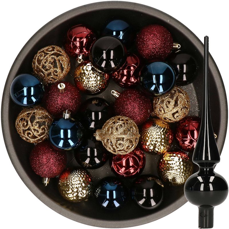 Foto van 37x stuks kunststof kerstballen 6 cm incl. glazen piek blauw-goud-rood-zwart - kerstbal