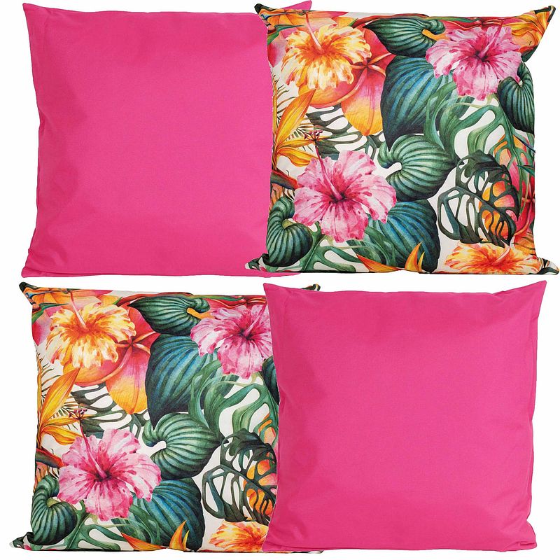 Foto van Bank/tuin kussens set - voor binnen/buiten - 4x stuks - roze/tropical print - 45 x 45 cm - sierkussens