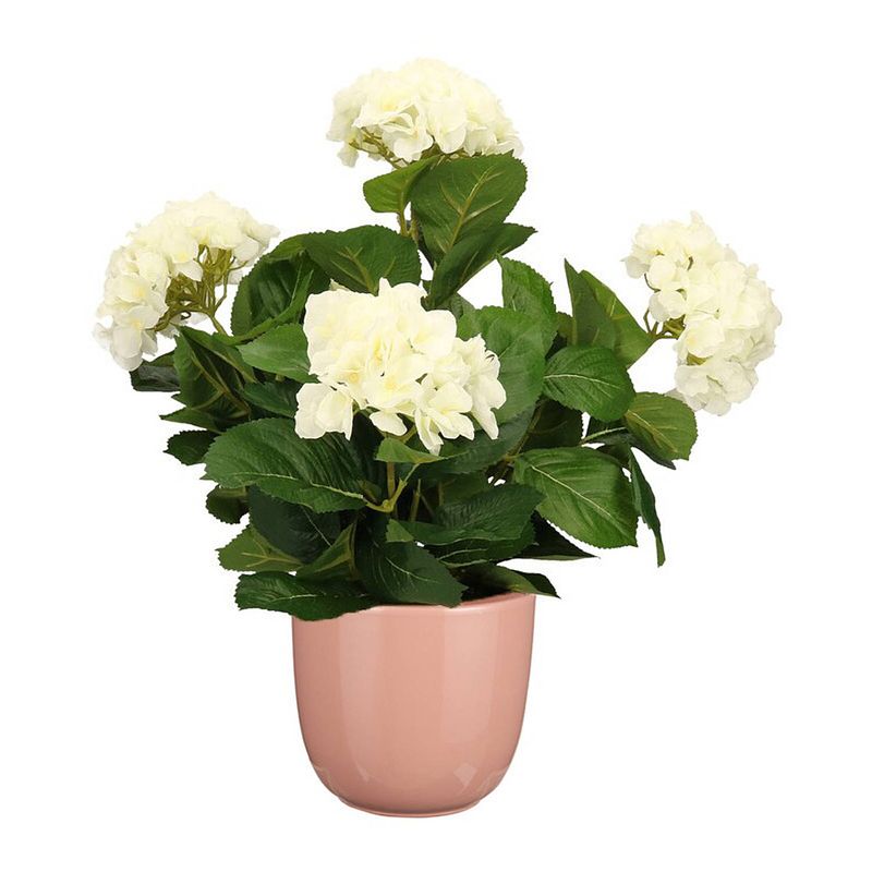 Foto van Hortensia kunstplant/kunstbloemen 45 cm - wit - in pot roze glans - kunstplanten