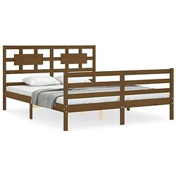 Foto van The living store bedframe - massief grenenhout - honingbruin - 205.5 x 165.5 x 100 cm - multiplex lattenbodem