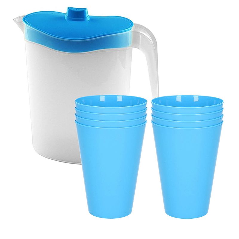 Foto van 8x kunststof drinkbekers 430 ml met schenkkan set blauw van 2.5 liter - schenkkannen