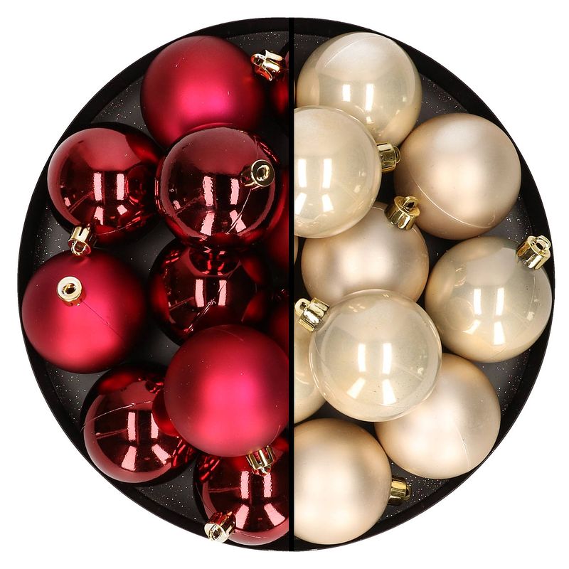 Foto van 24x stuks kunststof kerstballen mix van donkerrood en champagne 6 cm - kerstbal