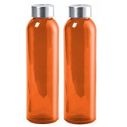Foto van Glazen waterfles/drinkfles/sportfles - 2x - oranje transparant - met rvs dop - 500 ml - drinkflessen