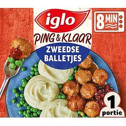 Foto van Iglo ping & klaar zweedse balletjes met aardappelpuree, erwten en rode bosbessencoulis 400g bij jumbo