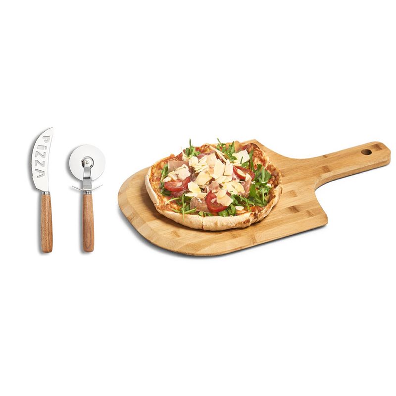 Foto van Houten pizza snijplank/bord 53 cm met pizzasnijder set - snijplanken