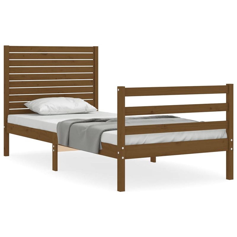 Foto van The living store bedframe massief grenenhout - honingbruin - 205.5 x 95.5 x 100 cm - multiplex lattenbodem -