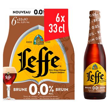 Foto van Leffe bruin 0,0% belgisch abdijbier flessen 6 x 330ml bij jumbo