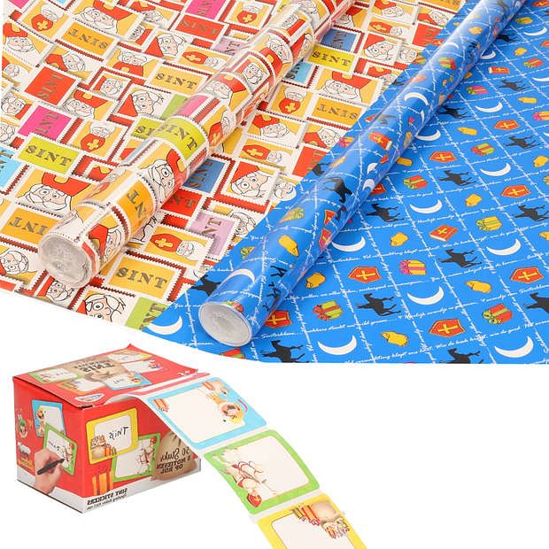 Foto van Sinterklaas inpakpapier/cadeaupapier 8x rollen en 50 naam stickers - cadeaupapier