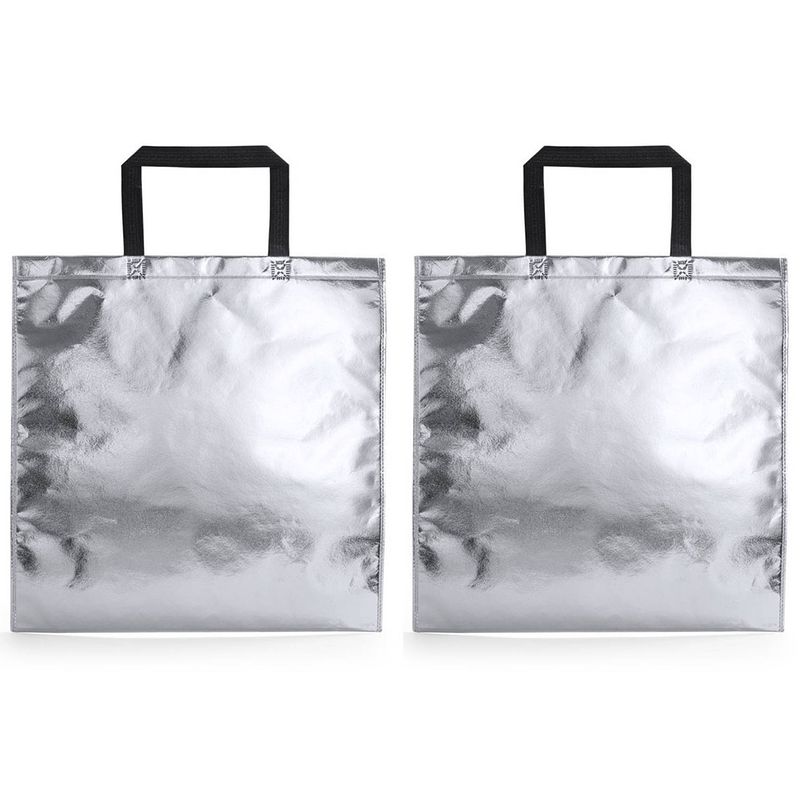 Foto van 2x stuks draagtassen/schoudertassen in opvallende metallic zilveren kleur 45 x 44 x cm - schoudertas