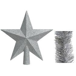 Foto van Kerstversiering kunststof glitter ster piek 19 cm en folieslingers pakket zilver van 3x stuks - kerstboompieken