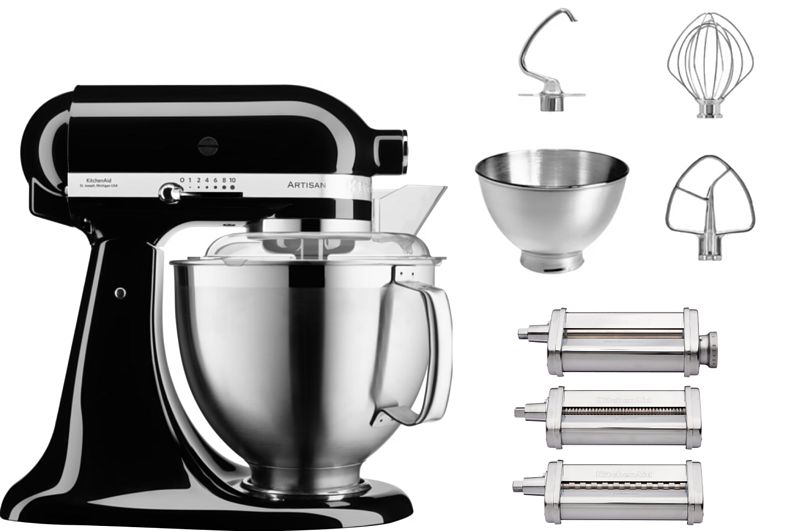 Foto van Kitchenaid 5ksm185pseob onyx zwart + pastaroller en -snijderset (3-delig)