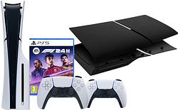 Foto van Playstation 5 slim disc edition + f1 24 + covers zwart + extra controller wit