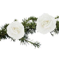 Foto van 2x stuks kerstboom decoratie bloemen roos wit glitter op clip 18 cm - kunstbloemen