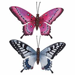 Foto van Set van 2x stuks tuindecoratie muur/wand vlinders van metaal in grijsblauw en roze 35 x 24 cm - tuinbeelden