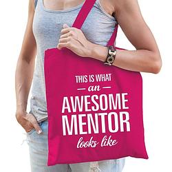 Foto van Awesome mentor cadeau tas fuchsia roze katoen - feest boodschappentassen