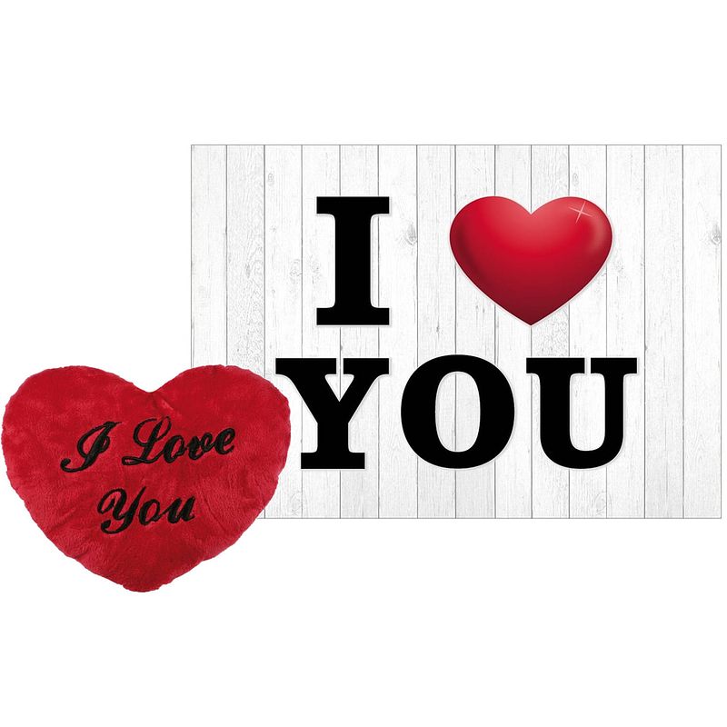 Foto van Pluche knuffel kussen rood i love you 35 cm met i love you wenskaart - knuffelkussen