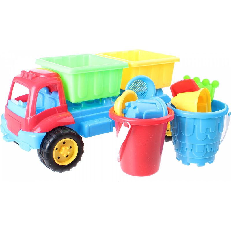 Foto van Eddy toys vrachtwagen met strandset blauw/rood 35 cm 9-delig