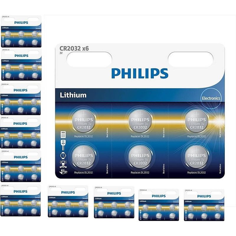 Foto van 60 stuks (10 blisters a 6st) - 6-pack philips cr2032 3v lithium knoopcelbatterij