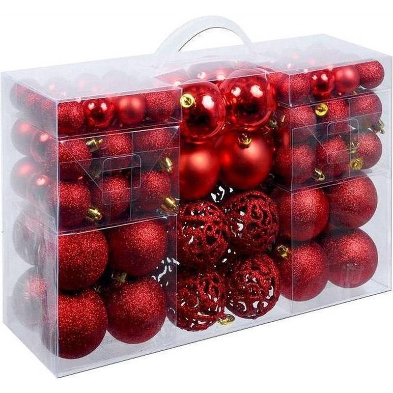 Foto van Christmas gifts 100 kerstballen set - kerstversiering - binnen & buiten - plastic/kunststof - ø3/4/6 cm - rood