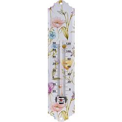 Foto van Binnen/buiten thermometer metaal met lentebloemen print 29 x 6.5 cm - buitenthermometers