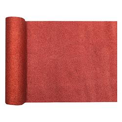 Foto van Kerst thema tafelloper op rol - rood glitter - 28 x 300 cm - polyester - tafellakens