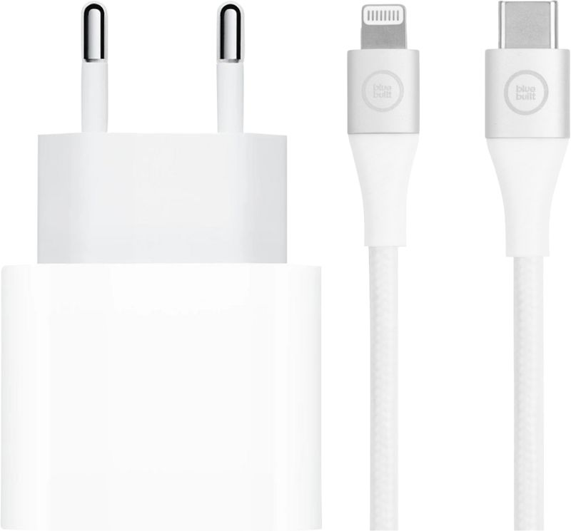 Foto van Apple power delivery oplader 20w + bluebuilt lightning kabel 3m nylon wit