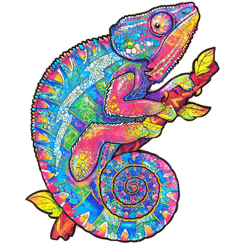 Foto van Unidragon houten puzzel dier - regenboogkleurige kameleon - 107 stukjes - small 19x24 cm